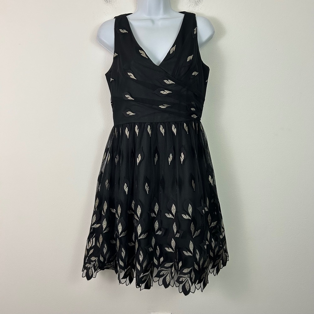 Shoshanna Midnight Black Gold Metallic Leaf Embroidered Cocktail Dress Size 6